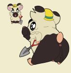 anthro anus armor backsack balls bobbyjiggly boss_(hamtaro) butt cricetid erection fur genitals hamster hamtaro_(series) headgear helmet hi_res male mammal multicolored_body multicolored_fur penis perineum rodent short_stack shovel solo tools two_tone_body two_tone_fur