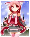  animal_ears cat_ears cat_tail detached_sleeves earth_ekami long_hair no_nose original red_eyes red_hair scarf skirt smile solo tail thighhighs zettai_ryouiki 