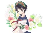  armband black_hair brown_eyes flower hair_flower hair_ornament head_wreath ruri_(rukiafile) safety_pin sakugawa_school_uniform school_uniform serafuku skirt solo to_aru_kagaku_no_railgun to_aru_majutsu_no_index uiharu_kazari 