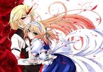  alternate_costume apron blonde_hair blush butler cup enmaided female_butler flower formal green_eyes hazuki_kasane horn hoshiguma_yuugi hug long_hair maid maid_headdress md5_mismatch mizuhashi_parsee multiple_girls one_eye_closed petals pointy_ears red_eyes red_flower red_rose rose rose_petals short_hair suit teacup teapot touhou tray very_long_hair yuri 