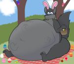 2025 absurd_res anthro basket belly big_belly candy canid canine canis container dessert easter easter_egg flower food fur grey_body grey_fur hi_res holidays lagomorph leporid male mammal overweight plant rabbit stuffing vore wolf