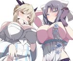  2girls absurdres artoria_pendragon_(fate) artoria_pendragon_(lancer_alter)_(fate) artoria_pendragon_(lancer_alter)_(royal_icing)_(fate) artoria_pendragon_(lancer_alter)_(royal_icing)_(fate)_(cosplay) babydoll bare_shoulders black_gloves blonde_hair blue_babydoll blue_eyes blush bow braid breasts chimunge choker cleavage closed_mouth cosplay costume_switch fate/grand_order fate_(series) garter_belt gloves grey_hair hair_between_eyes hair_bow highres horns japanese_clothes jewelry kimono large_breasts long_hair long_sleeves looking_at_viewer multiple_girls necklace parted_bangs parted_lips pelvic_curtain ribbon-trimmed_kimono ribbon_trim see-through_clothes senran_kagura short_hair sideboob sidelocks smile snowflake_print white_bow white_kimono yellow_eyes yumi_(senran_kagura) yumi_(senran_kagura)_(cosplay) 