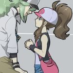  1girl bag baseball_cap blue_eyes bream-tan brown_hair couple eye_contact green_eyes green_hair handbag hat height_difference hetero high_ponytail jewelry looking_at_another n_(pokemon) necklace pokemon pokemon_(game) pokemon_bw ponytail touko_(pokemon) vest wristband 