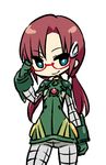  blue_eyes bodysuit brown_hair chan_co chibi cowboy_shot evangelion:_2.0_you_can_(not)_advance glasses gloves green_bodysuit makinami_mari_illustrious neon_genesis_evangelion plugsuit rebuild_of_evangelion smile solo twintails 