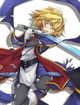  blazblue blonde_hair blood cuts green_eyes injury jin_kisaragi male_focus solo sword uzukinoko weapon white_background yukianesa 