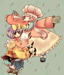  1girl ano_(petit) bad_id bad_pixiv_id bow candy eiko_carol final_fantasy final_fantasy_ix food gloves green_eyes hat highres horn lollipop moogle purple_hair quina_quen ribbon short_hair tongue vivi_ornitier yellow_bow 