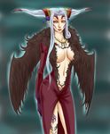  black_wings breasts cleavage dissidia_final_fantasy dress facial_mark final_fantasy final_fantasy_viii jewelry large_breasts legs lips lipstick long_hair ma_chi_zou makeup necklace pointy_ears silver_hair solo thighs ultimecia wings yellow_eyes 