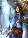  birds blue_eyes branches bridge brown_hair brunette fanyang_(artist) flowers long_hair male realistic snow trees umbrella winter yangfan_(artist) 