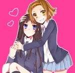  akiyama_mio awa_(houteishiki) black_hair blue_eyes brown_eyes brown_hair hairband heart hug k-on! long_hair multiple_girls school_uniform short_hair tainaka_ritsu 