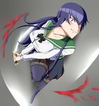  action blood busujima_saeko garters highschool_of_the_dead katana lace lace-trimmed_thighhighs purple_hair ribonzu solo sword thighhighs weapon 