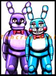 2015 animatronic anthro artist_name black_border black_eyebrows black_nose blue_body bonnie_(fnaf) border bow_tie bow_tie_only buckteeth cheek_spots colored_pencil_(artwork) duo english_description eyebrows eyelashes five_nights_at_freddy&#039;s five_nights_at_freddy&#039;s_2 green_eyes lagomorph leporid light lighting machine male male_anthro mammal mostly_nude mouth_closed multicolored_body no_eyebrows portrait purple_body rabbit red_bow_tie red_eyelids red_eyes robot scottgames shaded simple_background smile smiling_at_viewer standing teeth tehcreechibi text three-quarter_portrait toy_bonnie_(fnaf) traditional_media_(artwork) whiskers white_background white_body white_inner_ear