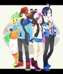  2girls ahoge bag baseball_cap bel_(pokemon) beret blazer blonde_hair blue_hair boots brown_hair cheren_(pokemon) denim denim_shorts glasses handbag hat holding_hands jacket messenger_bag multiple_boys multiple_girls pantyhose pencil_skirt pokemon pokemon_(game) pokemon_bw ponytail saku_(pixiv526117) shoes shorts shoulder_bag skirt sneakers touko_(pokemon) touya_(pokemon) vest white_skirt 