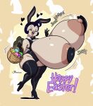 anthro areola avian basket big_breasts bird black_hair boots breasts brown_areola brown_nipples bunny_costume clothing container costume easter easter_basket easter_egg english_text exclamation_point eyes_closed fake_ears fake_rabbit_ears female footwear galliform gloves hair handwear heart_symbol hi_res high_heeled_boots high_heels holidays huge_breasts hyper hyper_breasts joaoppereiraus la_pavita_pechugona leotard markings mole_(marking) mole_on_breast nipples non-mammal_breasts open_mouth pasties pavita_pechugona phasianid reverse_bunny_costume shoes solo tan_body text turkey