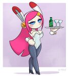 2025 artist_name biped blue_eyes blush bottle breasts bunny_costume cleavage clothed clothing container costume cup english_text eyebrows eyelashes eyeshadow female floating_hands hair hand_on_hip hi_res humanoid kirby_(series) latiar machine makeup nintendo pink_hair plate robot solo standing susie_(kirby) text white_clothing