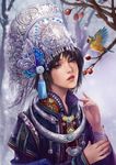  bird black_hair blue_eyes branches crown cute fanyang_(artist) male nature pretty purple_dress realistic short_hair silver snow snowing solo trees winter yangfan_(artist) 