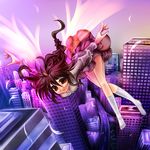  braid brown_hair city commentary falling feathers kneehighs legs long_hair madotsuki monikano red_eyes skirt socks solo suicide twin_braids white_legwear wings yume_nikki 