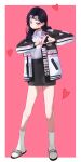  1girl absurdres black_hair black_mask border collared_shirt dokgo_hyeji ear_piercing gangjeong hair_rollers heart heart_hands highres long_hair mask miniskirt mouth_mask pencil_skirt piercing pink_background pink_eyes sandals school_uniform shirt skirt socks virtual_youtuber waktaverse white_border white_shirt white_socks 