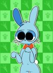 2021 absurd_res anthony_(rafielo) anthro big_eyes big_head blue_body blue_fur bow_tie bow_tie_only carrot cel_shading checkered checkered_background digital_media_(artwork) drop_shadow eyebrows featureless_chest featureless_crotch fingers food front_view fur green_background hi_res lagomorph leporid long_ears male mammal mostly_nude mouthless navel pattern_background pink_nose plant portrait rabbit rasmuslikestodraw red_bow_tie scut_tail shaded short_tail simple_background solo standing tail three-quarter_portrait toony vegetable whiskers wide_hips
