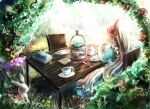  1girl apron arch blonde_hair blue_dress book cake cake_slice commentary_request cup day dress floral_arch flower food fork frilled_apron frills from_behind garden hairband highres holding holding_cup kagerou_project kozakura_marry light_rays long_hair macaron outdoors plate purple_flower rabbit red_flower red_hairband red_rose rose rose_bush ryukadomatsu saucer scenery solo sunbeam sunlight table tea teacup teapot three-quarter_sleeves tiered_tray very_long_hair wavy_hair white_apron wooden_chair wooden_table 