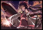  aircraft airplane ascot bow brown_eyes brown_hair detached_sleeves hair_bow hakurei_reimu long_hair midriff ponytail sarashi skirt solo touhou yukifuri 