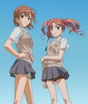  bad_id bad_pixiv_id brown_eyes brown_hair from_below garters long_hair misaka_mikoto mochizuki_(wakadori) multiple_girls school_uniform shirai_kuroko short_hair shorts sweater_vest to_aru_kagaku_no_railgun to_aru_majutsu_no_index twintails 