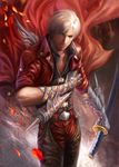  armored armored_gloves belt devil_may_cry dmc4 fanyang_(artist) leather male realistic red solo standing sword weapons white_hair yangfan_(artist) 