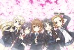  absurdres akiyama_mio black_eyes black_hair blonde_hair blue_eyes brown_eyes brown_hair cherry_blossoms closed_eyes graduation hairband highres hirasawa_yui k-on! kotobuki_tsumugi long_hair lying mitsuki_meiya multiple_girls nakano_azusa petals photo_(object) school_uniform short_hair tainaka_ritsu tube twintails 