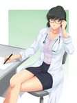  adjusting_eyewear amagami black_eyes black_hair breasts cleavage crossed_legs doctor glasses labcoat large_breasts legs miniskirt older pen pencil_skirt ponytail sitting skirt solo stethoscope thighs toki_(tokihakashi) tsukahara_hibiki 