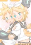  1girl aqua_eyes arm_grab bad_id bad_pixiv_id blonde_hair blush brother_and_sister detached_sleeves hair_ornament hair_ribbon hairclip headphones kagamine_len kagamine_rin mamepon necktie ribbon sailor_collar short_hair siblings smile twins vocaloid yellow_neckwear 