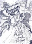  :p bow cup drinking_glass finger_licking greyscale hat highres licking looking_up monochrome remilia_scarlet ribbon sakino_shingetsu short_hair smile solo tongue tongue_out touhou traditional_media wine_glass wings 