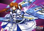  absurdres breasts brown_hair cleavage fingerless_gloves fortress_(nanoha) gloves higa_yukari highres left-handed long_hair lyrical_nanoha magical_girl mahou_senki_lyrical_nanoha_force medium_breasts non-web_source nyantype official_art ponytail purple_eyes raising_heart scan side_ponytail solo strike_cannon takamachi_nanoha very_long_hair 