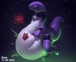 2023 acrid_(risk_of_rain) after_vore anthro aymbord belly big_belly collar duo hand_on_belly hi_res lemurian night outside overweight purple_body risk_of_rain same_size_vore vore