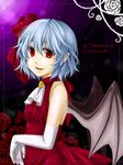  alternate_costume ascot bad_id bad_pixiv_id bare_shoulders bat_wings blue_hair colored_eyelashes dress elbow_gloves fang flower formal gloves gown highres kuronohana no_hat no_headwear parted_lips pointy_ears red_eyes red_flower red_rose remilia_scarlet rose short_hair smile solo touhou white_gloves wings 