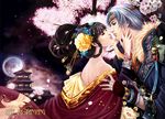  black_hair blue_dress blue_hair branches closed_eyes clouds couple cute fanyang_(artist) female flowers fullmoon girl gloves green_eyes hair_style hair_tie holding in_love kissing long_hair love male moon night pink realistic red_dress ring romance romantic short_hair sky tower trees yangfan_(artist) 
