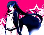  aplerichi bikini_top black_hair black_rock_shooter black_rock_shooter_(character) blue_eyes burning_eye coat long_hair midriff navel pale_skin scar shorts solo star twintails very_long_hair 