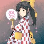  bad_id bad_pixiv_id black_hair blush bow brown_eyes checkered fan hair_bow japanese_clothes kimono love_plus masao paper_fan ponytail sash solo takane_manaka uchiwa upper_body yukata 