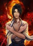  black_hair brown_eye fanyang_(artist) fire flower male naruto ninja realistic red rope roses sasuke sasuke_uchiha short_hair solo sword tattoos teeth uchiha yangfan_(artist) yellow_eye 