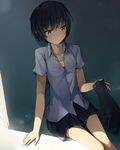  amagami bad_id bad_pixiv_id black_cat black_hair cat en@rain light nanasaki_ai puu_(amagami) school_uniform shade short_hair sitting skirt solo 