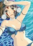 armband armpits bare_arms brown_eyes brown_hair earrings emi_(green_wave) facial_mark front-tie_top jewelry mononoke_hime navel open_mouth panties san short_hair side-tie_panties signature solo strap_slip underwear water 