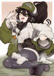  1girl absurdres baseball_cap black_pantyhose brown_hair brown_nails caloart30 coat fanning_self fur-trimmed_coat fur_trim green_eyes hat high-waist_shorts high_ponytail highres indie_virtual_youtuber kara_wilderwood layered_clothes looking_at_viewer motion_lines pantyhose ponytail shorts sitting solo steaming_body sweat sweater turtleneck turtleneck_sweater undressing unworn_socks virtual_youtuber 
