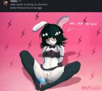 absurd_res accessory ahegao ahoge angry anthro apt_(song) black_hair blush bodily_fluids clothing complaining discord_(app) easter easter_egg egg egg_from_pussy eyewear female footwear frilly frilly_clothing frilly_swimwear frilly_underwear fur genital_fluids genitals glasses hair hair_accessory hands_behind_back hi_res holidays lagomorph legwear leporid looking_pleasured mammal midriff orgasm oviposition parody pink_eyes pussy rabbit simple_background sitting sitting_on_ground socks solo speech_bubble swimwear text thigh_highs underwear vaginal_fluids white_body white_fur wolfelliza