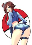  ass blue_eyes breasts fuuro_(pokemon) gym_leader hair_ornament highres labia large_breasts looking_back midriff ooike_teru poke_ball pokemon pokemon_(game) pokemon_bw red_hair short_shorts shorts smile solo 