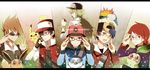  adjusting_eyewear alternate_costume backwards_hat bad_id bad_pixiv_id baseball_cap bespectacled black_hair brown_hair copyright_name cyndaquil eevee fang fingerless_gloves gen_1_pokemon gen_2_pokemon gen_5_pokemon glasses gloves gold_(pokemon) green_hair hat holding holding_poke_ball jacket kohto multiple_boys n_(pokemon) ookido_green oshawott pikachu poke_ball pokemon pokemon_(creature) pokemon_(game) pokemon_bw pokemon_hgss pokemon_rgby red_(pokemon) red_(pokemon_rgby) red_hair silver_(pokemon) touya_(pokemon) 