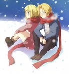  1girl artist_request blonde_hair blue_eyes blush edward_elric fullmetal_alchemist long_hair looking_back ponytail scarf winry_rockbell yellow_eyes 