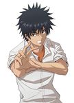  black_hair gousaikoo green_eyes kamijou_touma male_focus shirt solo spiked_hair to_aru_majutsu_no_index tsutsuyoyo 