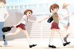  1girl bad_id bad_pixiv_id bag blush brother_and_sister brown_eyes brown_hair commentary_request crossdressing green_eyes hair_bobbles hair_ornament holding_hands looking_back open_mouth original otoko_no_ko red_eyes school_uniform short_hair siblings skirt twintails walking yuki18r 