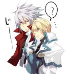  blazblue blonde_hair blue_eyes crossover guilty_gear heterochromia ky_kiske mameshibasuke multiple_boys ragna_the_bloodedge silver_hair 