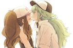  1girl arm_grab bare_shoulders baseball_cap brown_hair closed_eyes couple forehead_kiss green_hair hat hetero jewelry kina_(milele) kiss long_hair md5_mismatch n_(pokemon) necklace pokemon pokemon_(game) pokemon_bw ponytail simple_background sleeveless touko_(pokemon) turtleneck vest 