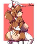 absurd_res accessory animatronic anthro armwear bear big_breasts big_butt blue_eyes breasts brown_body brown_fur brown_hair bunny_costume butt chair clothing costume cuff_(restraint) easter eyelashes eyewear fake_ears fake_rabbit_ears female fingers fishnet_armwear fishnet_clothing five_nights_at_freddy&#039;s freddy_(fnaf) fredina&#039;s_nightclub frenni_(cryptiacurves) fur furniture hair hand_on_butt hi_res holidays legwear long_tail looking_at_viewer machine mammal one_eye_obstructed ponytail restraints reymonrr robot scottgames smile smiling_at_viewer solo tail wrist_cuffs