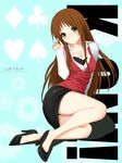  blush breasts brown_eyes brown_hair character_name cleavage club_(shape) copyright_name diamond_(shape) glasses heart high_heels k-on! legs long_hair medium_breasts niwatori_kokezou open_clothes pencil_skirt shoes sitting skirt smile solo spade_(shape) thighs yamanaka_sawako 